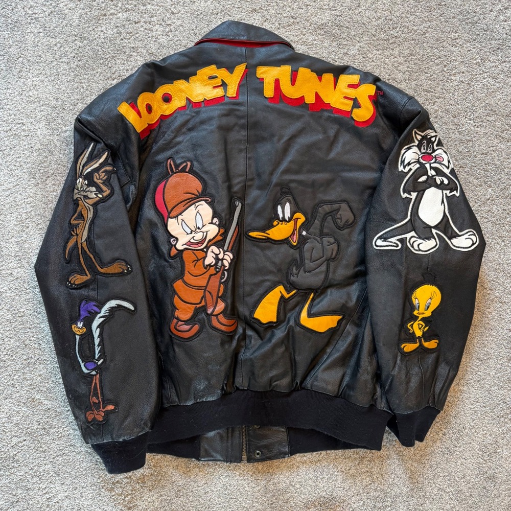 Vintage Looney Tunes Warner Bros Black Leather Varsity Jacket 2XL Patch Bomber